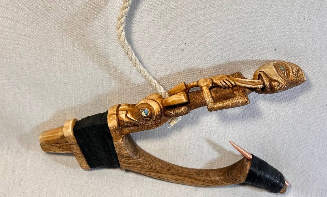 Shaman and Wolf Totem Halibut Hook, Shell Inlay, Northwest Coast Design