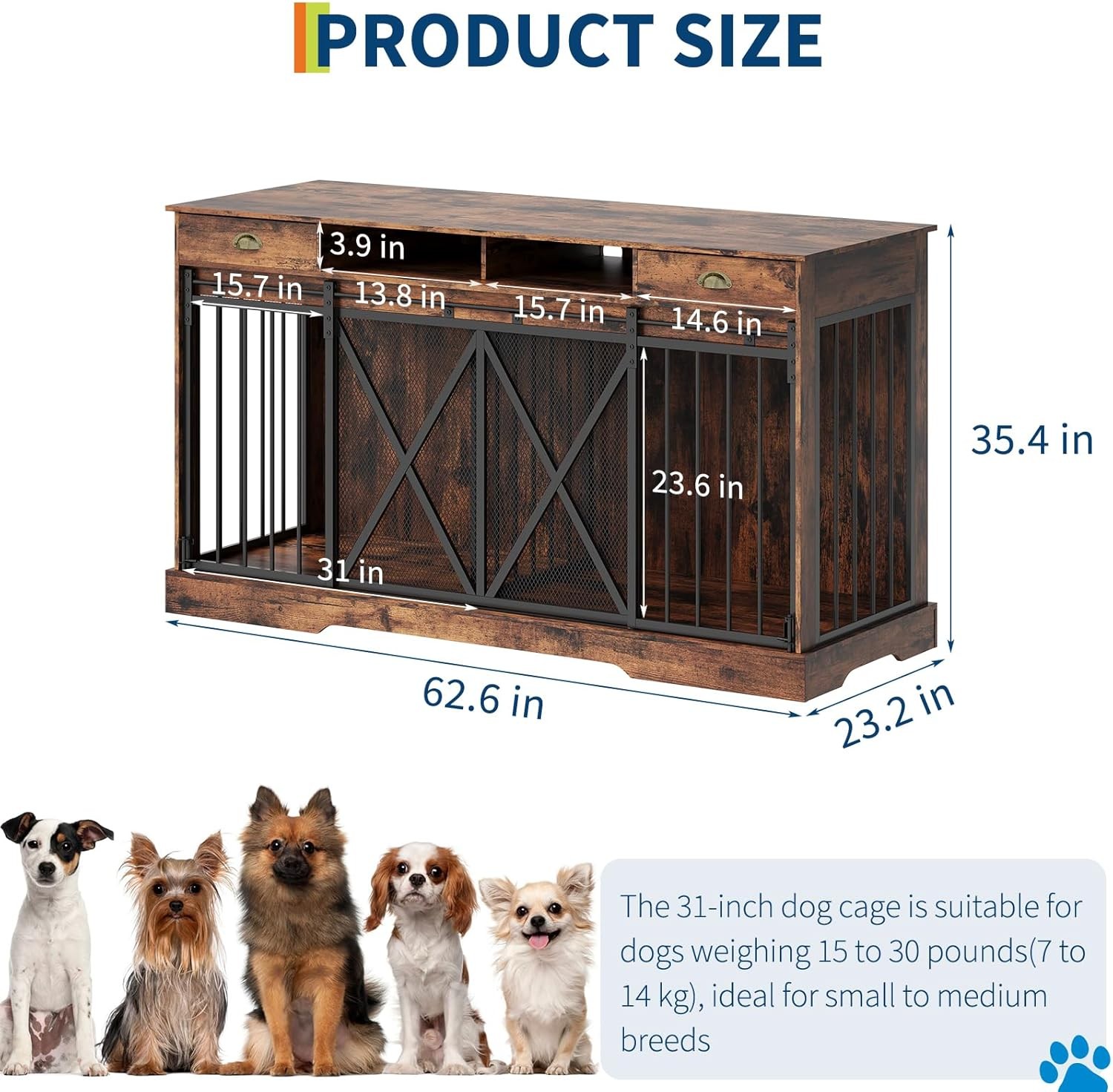63 inch Wooden Double Dog Crate Dog Kennel Furniture TV Stand w/Divider& Drawers
