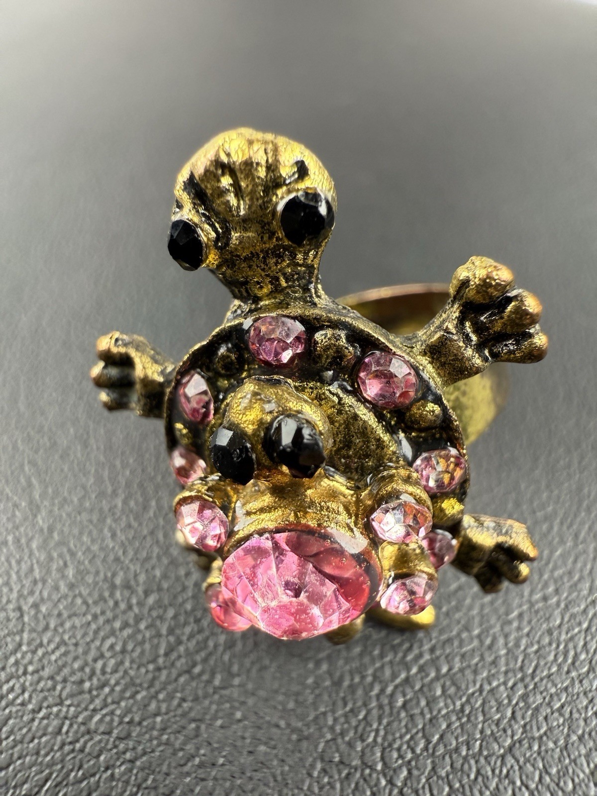 Gold Tone Pink Rhinestone Double Turtle Ring Size 5-7 Jewelry