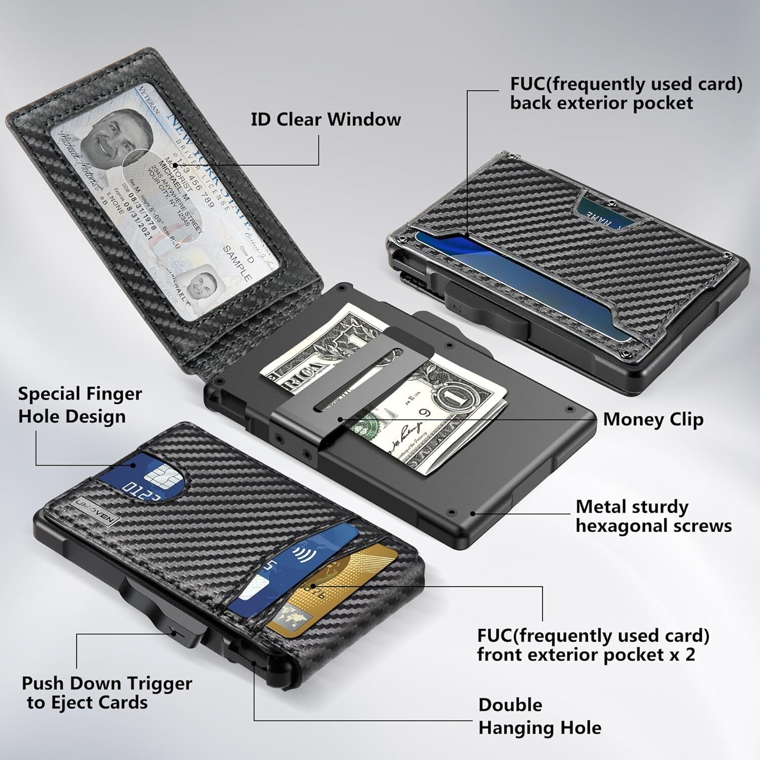 Men's Slim Pop Up Bifold Wallet with Money Clip, Minimalist RFID Blocking Wallet