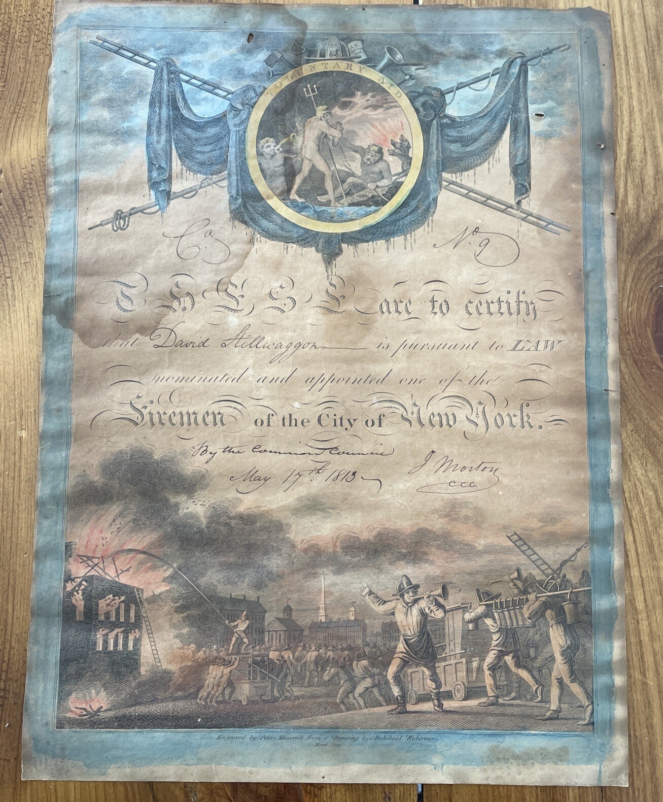 RARE!   1813 FDNY Cert. Of Nomination & Appointment.  City Of New York Firemen