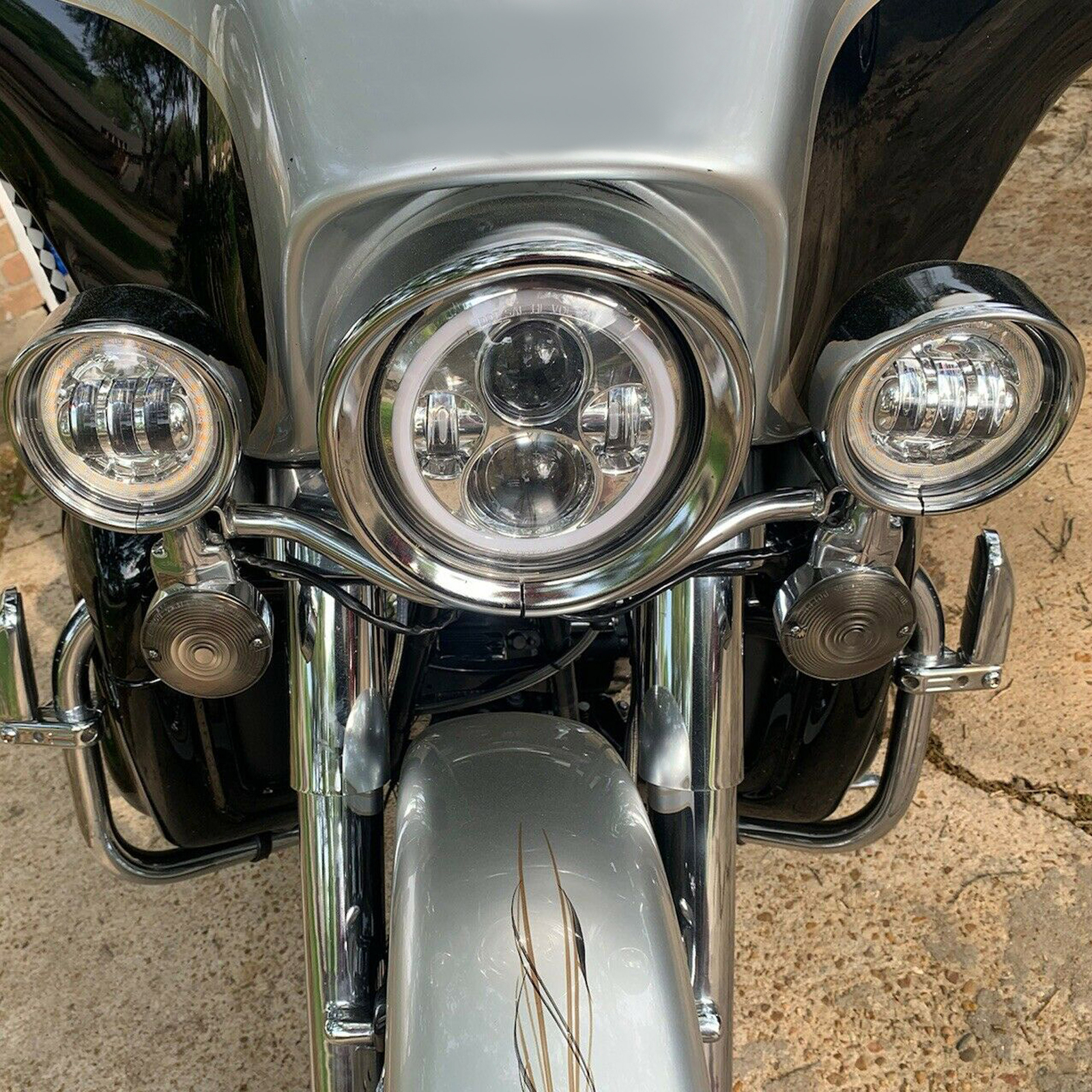 7" + 4.5" Headlight Fog Light Visor Style Trim Ring For Harley Touring Dyna