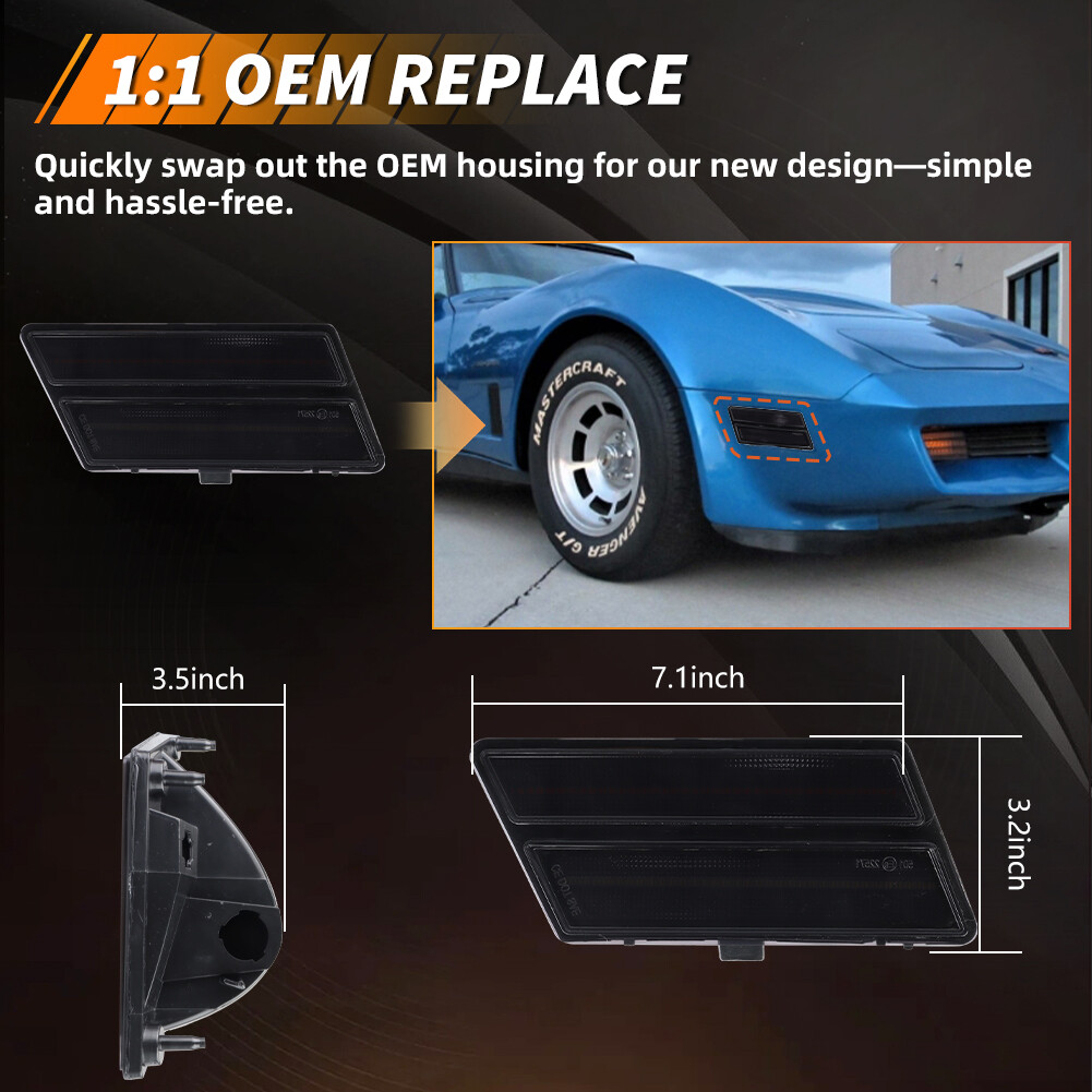 2X Smoked Dynamic LED Front Turn Signal Side Marker Lights For 80-82 Corvette C3