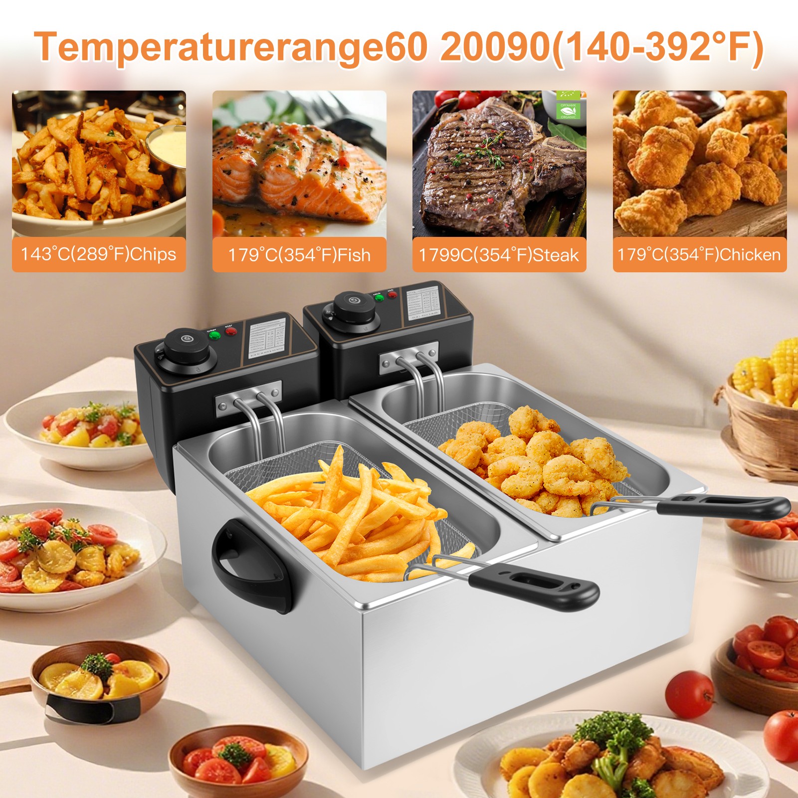 8L Electric Deep Fryer Dual Tank Commercial Restaurant Countertop 5000W With Lid