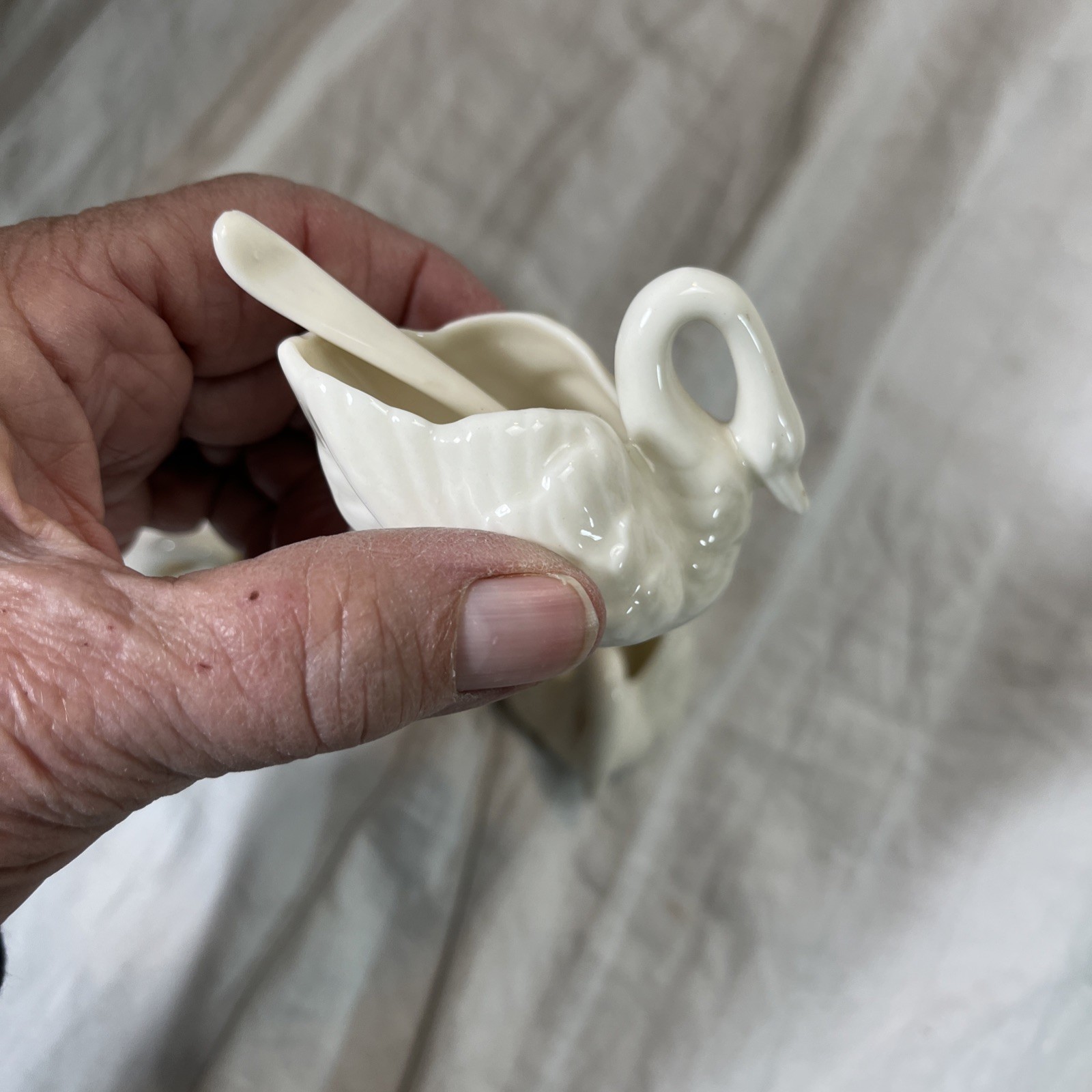 Vintage Lenox Swan Salt Cellars With Spoons Set Of 3 Off White/Cream