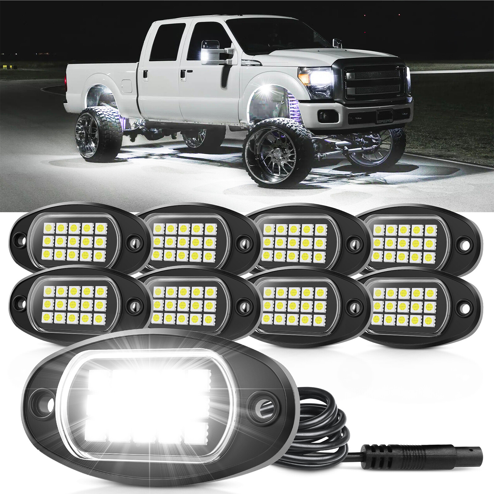 Pure White LED Rock Lights 8 Pods - Waterproof LED Underglow Underbody Light