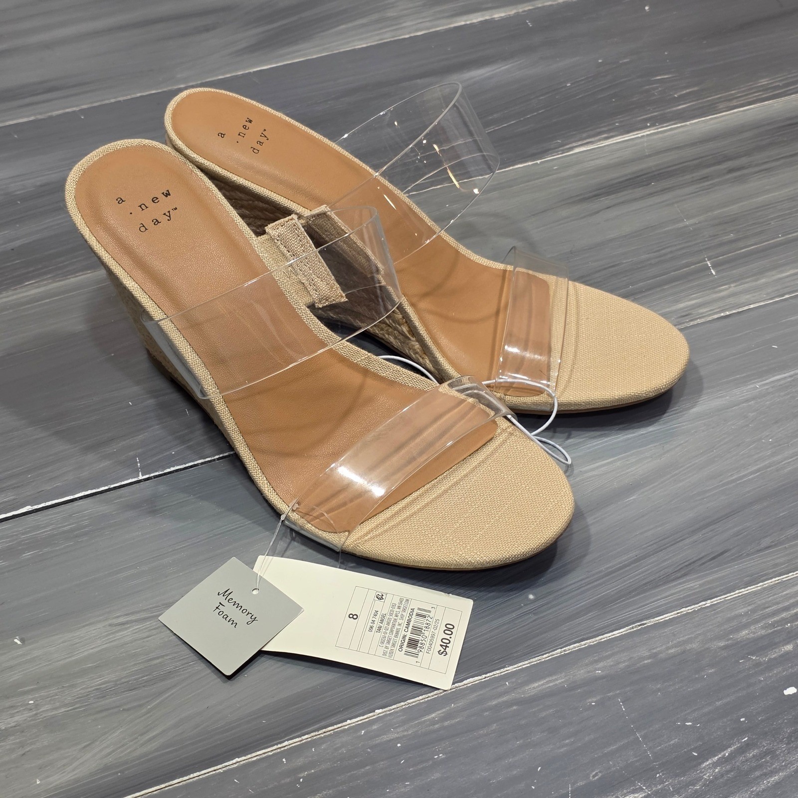 A New Day Ansel Espadrille Wedge Sandals Clear Double Strap Tan