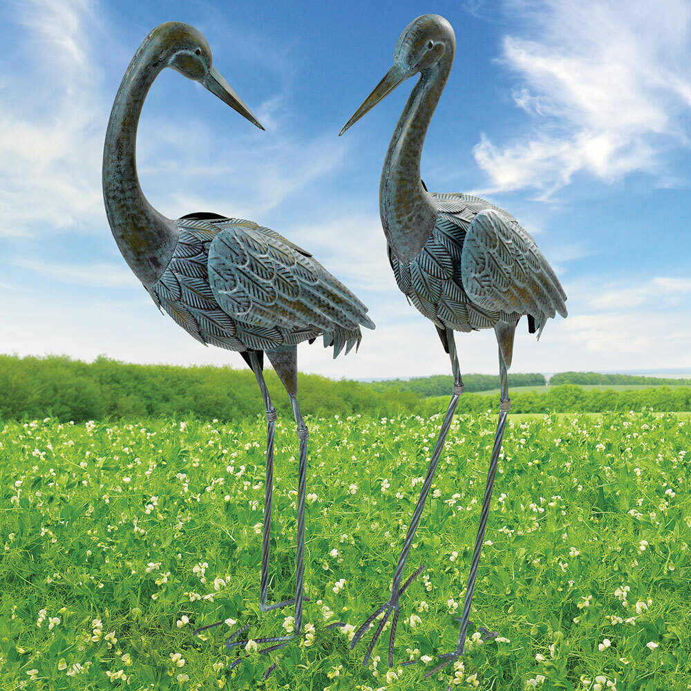 Set of 2 Elegant Verdigris Finish Herons Metal Animal Garden Sculptures