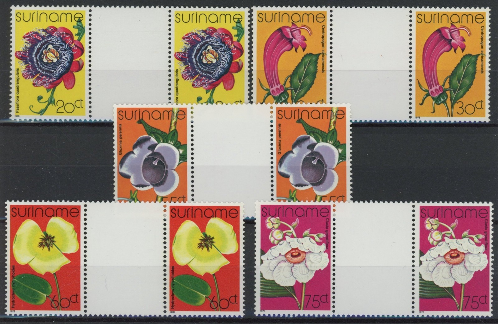 Suriname 1978 : Flowers - 2x Good Set VF MNH Stamps in Gutter Pairs