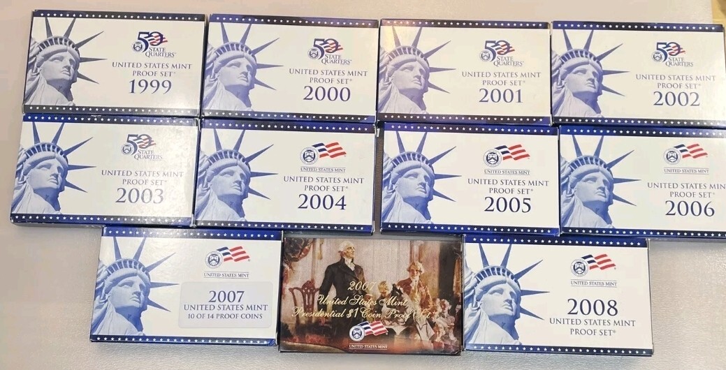 US Mint 10 Annual Proof Sets 1999-2008 OGP Box & COA 109 Coins Estate Sale Lot