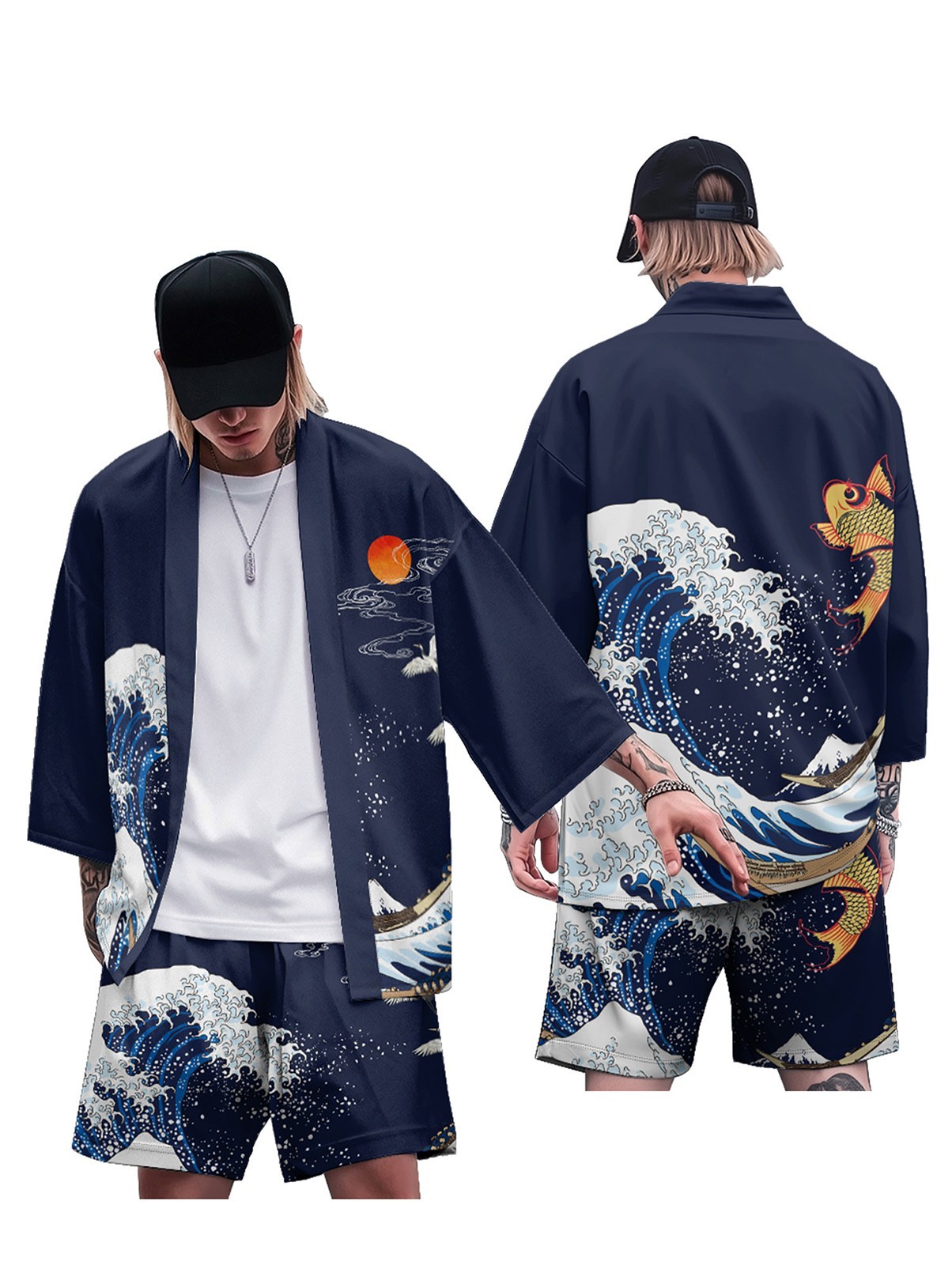 Niepce Japanese Graphic Kimono Cardigan Shirt with Lightweight Streetwear Shorts