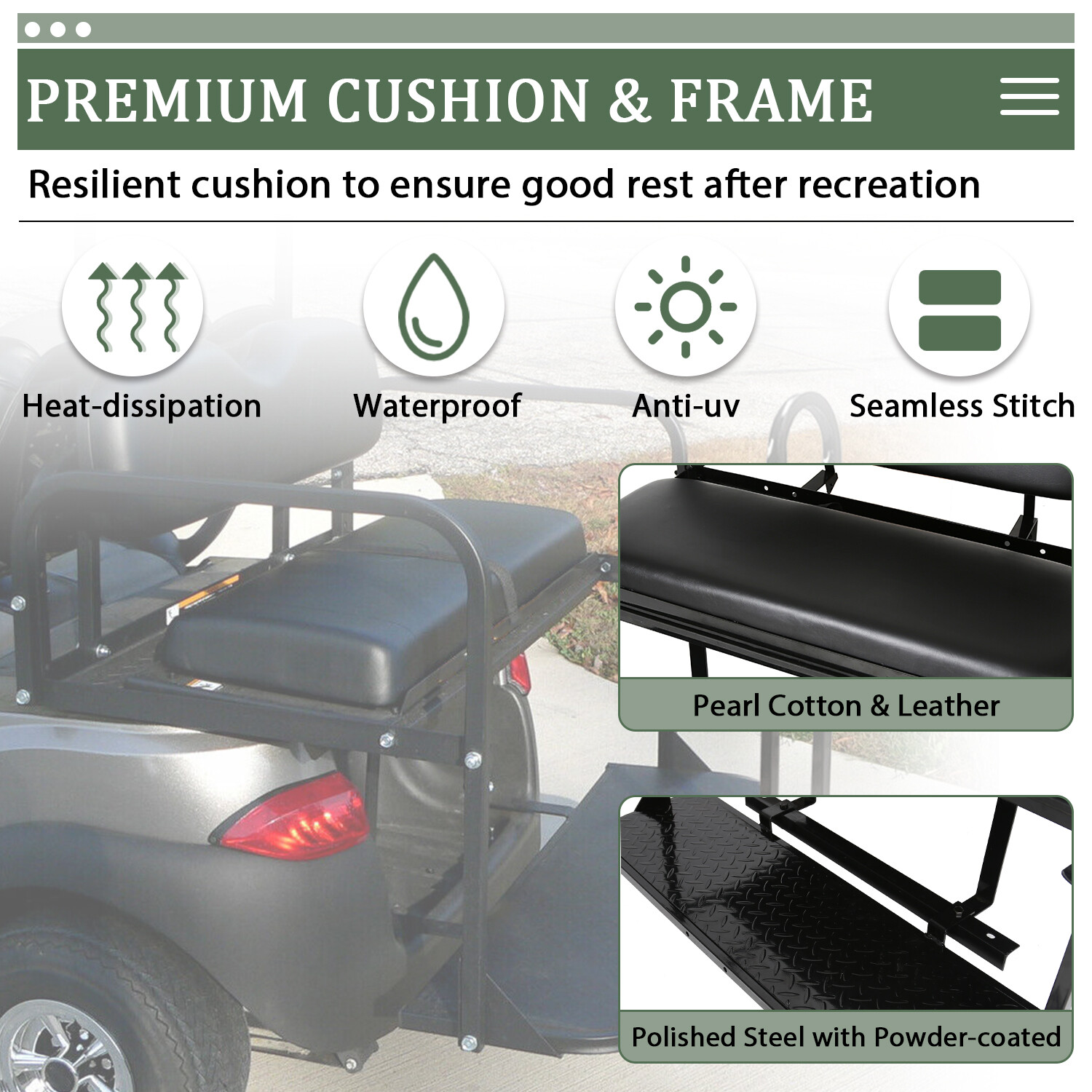 Black Folding Rear Flip Seat Kit w/Grab Bar for Golf Cart Club Car DS 2000-2013