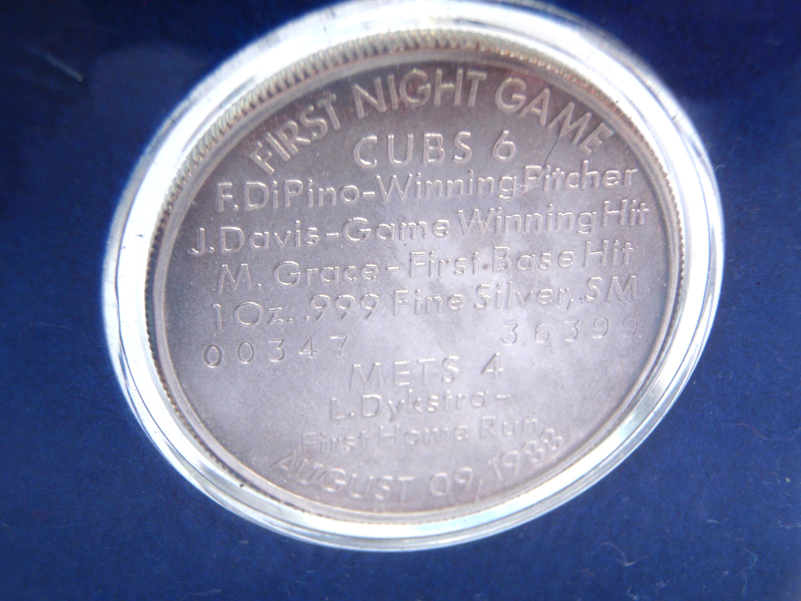 VTG:1st NIGHT GAME@ WRIGLEY FIELD CHICAGO CUBS 1 oz .999 SILVER COIN-AUG 9, 1988