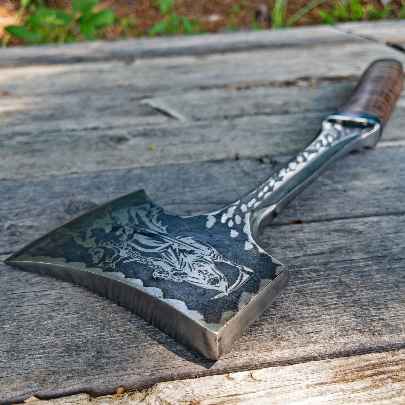 Custom Engraved Grim Reaper Hunting Axe Carbon Steel Full Tang Hatchet Wood Grip