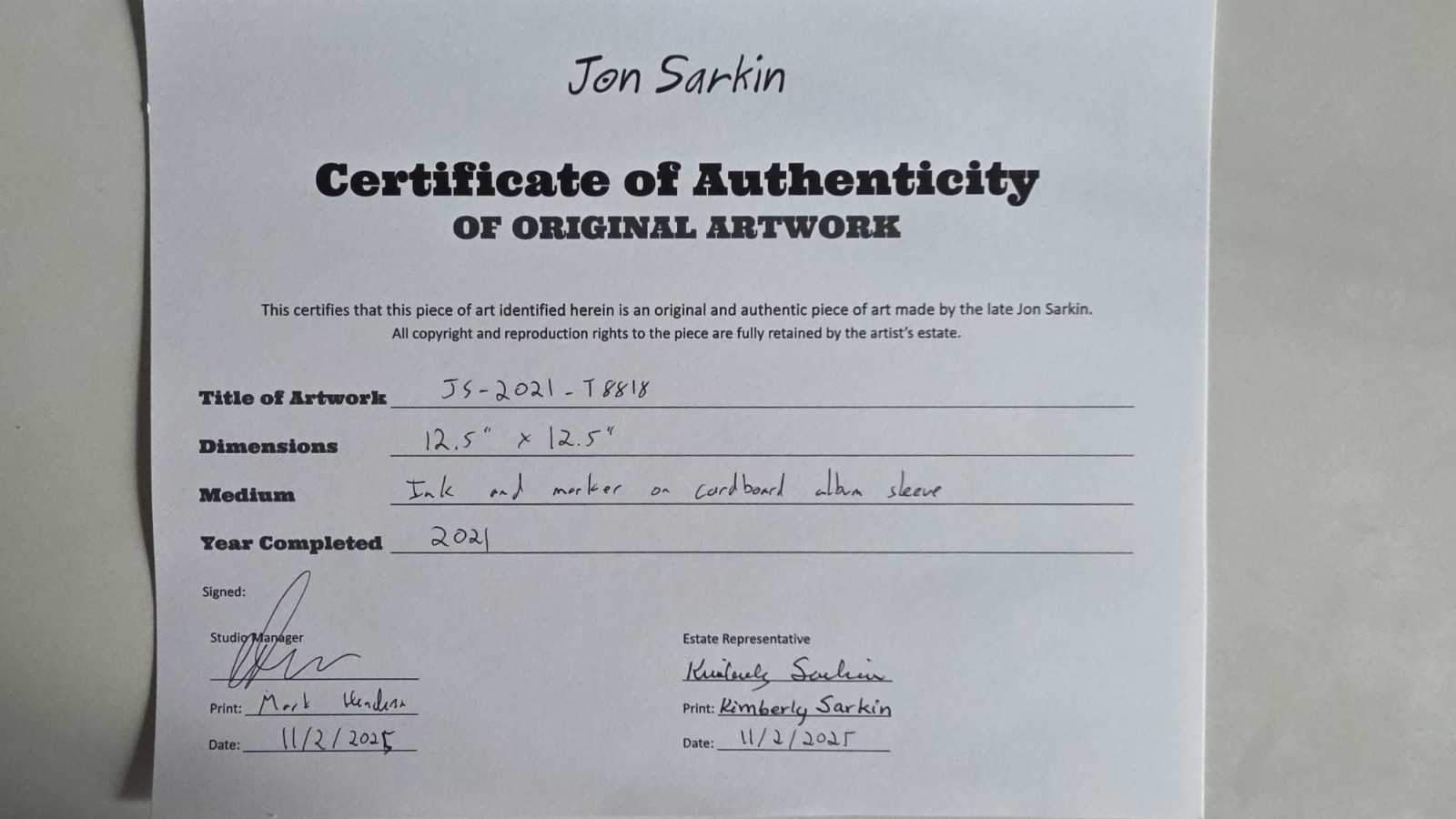 Jon Sarkin JS-2021-T8818 Ink and Marker on Cardboard Album Sleeve 2021