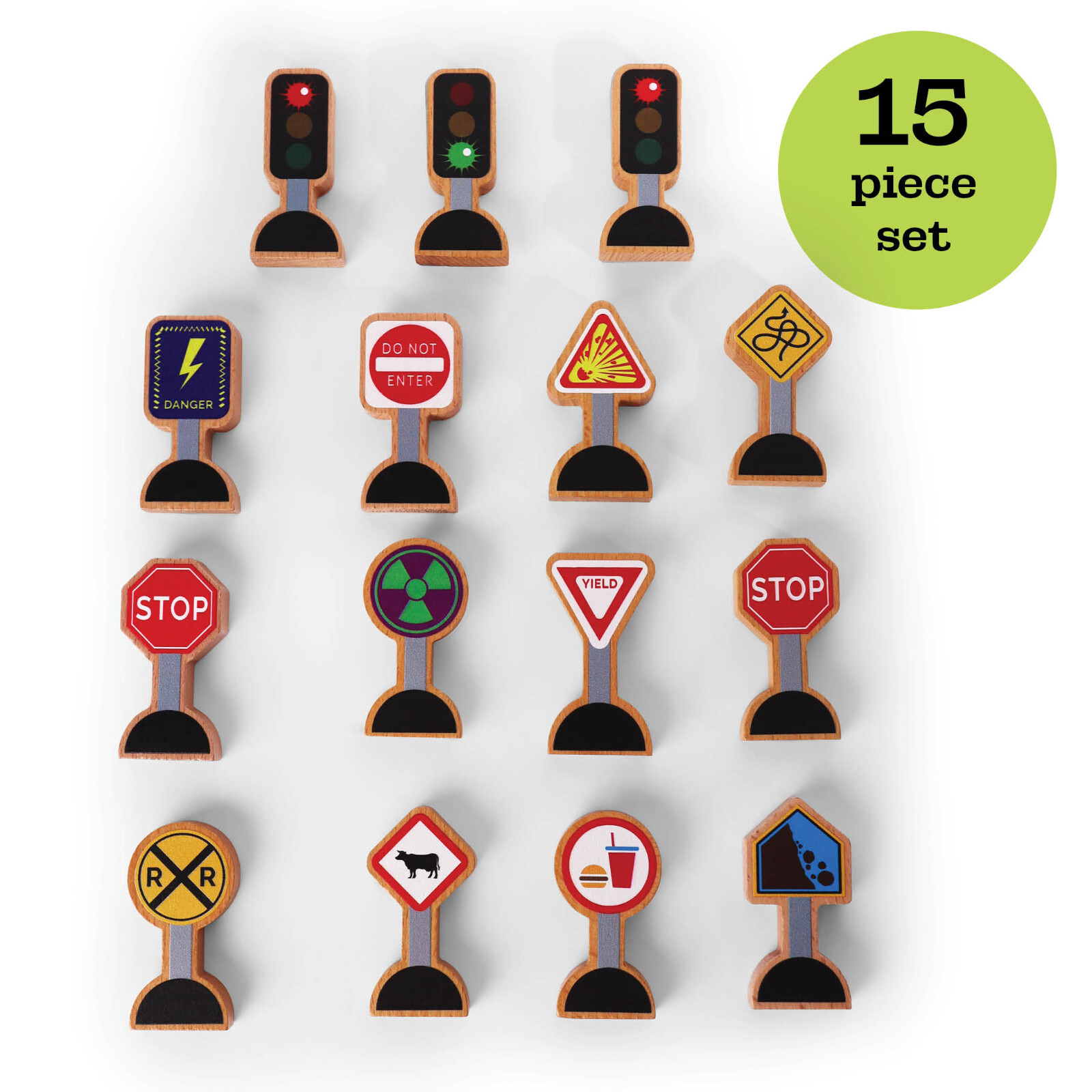 15 Pieces - Wooden Traffic Signs For Kids - Zany Trains Street Signs For Trains