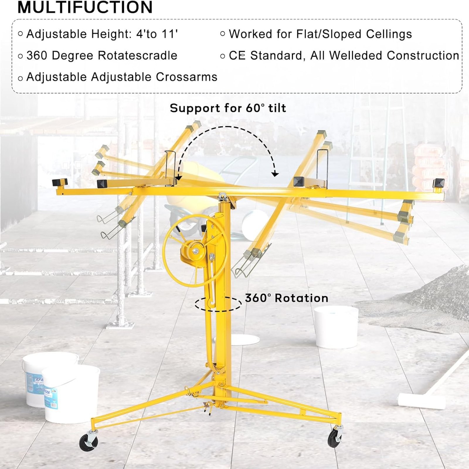 11FT Drywall Lift Panel Hoist Jack Lifter Dry Wall Construction Tool Yellow