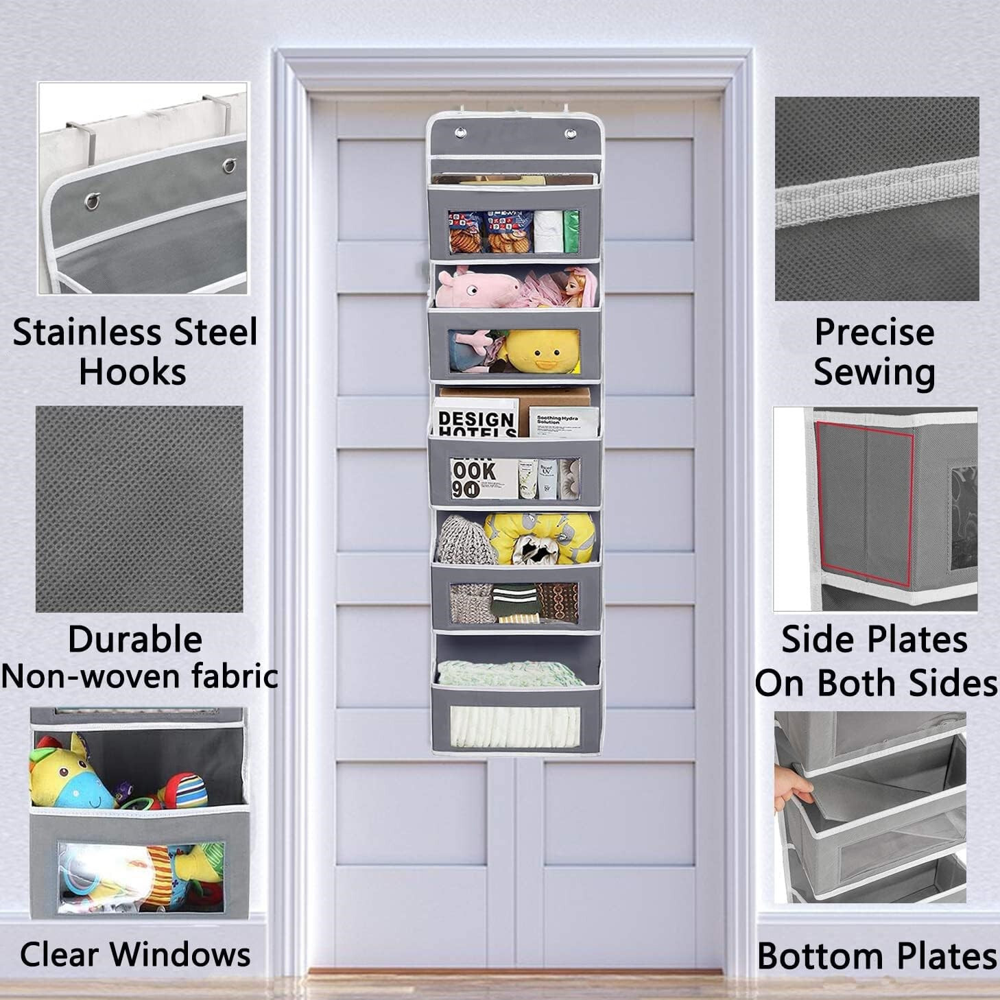 HBN 5-Shelf Over The Door Hanging Organizer with 2 Metal Hooks, Door Wall Mount