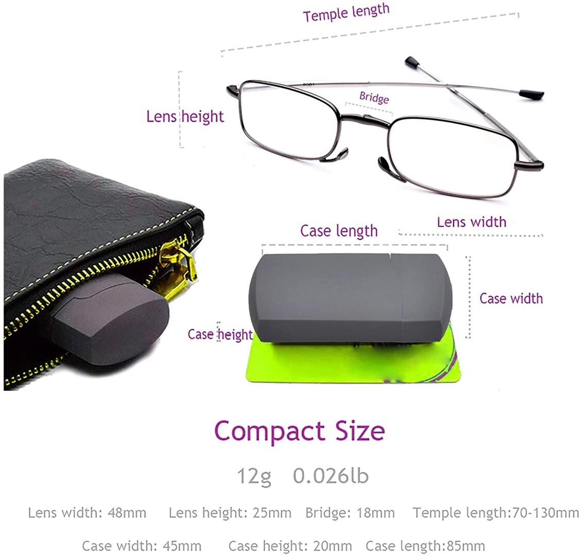 2 Pairs Anti-Blue Metal Compact Folding Light Reading Glasses With Carrying Case