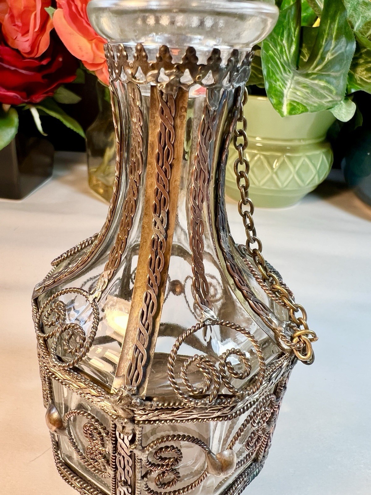 VTG GLASS BOTTLE SILVER PLATED, BRASS, COPPER OVERLAY BOTTLE 1900's UNIQUE