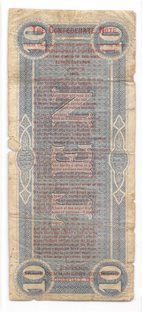 Confederate Note Poem On T-68 $10 1864 PCGS VF20 Det 1901 Reunion Commemorative