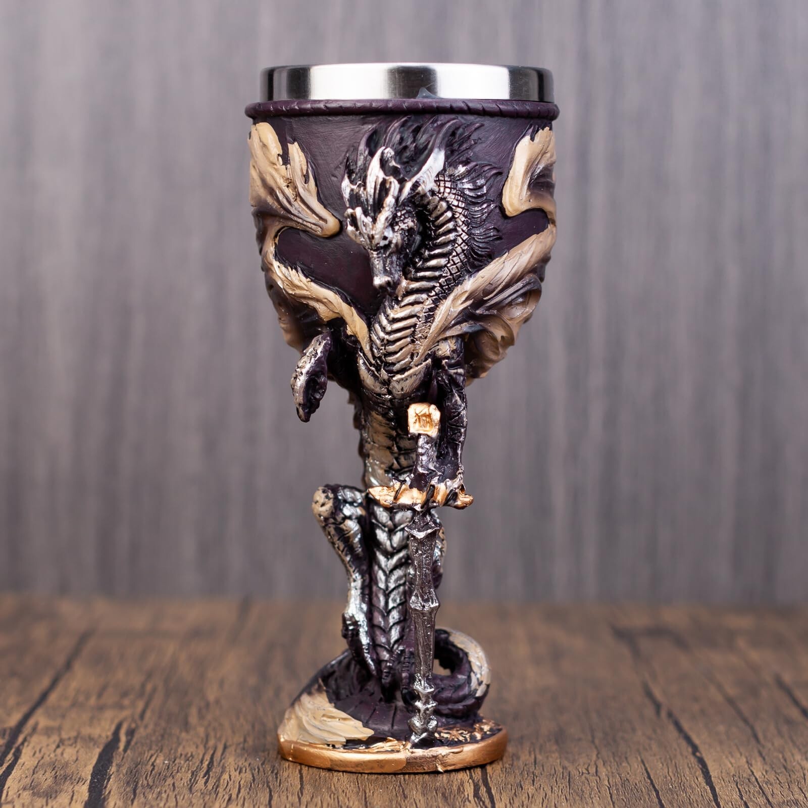 Medieval Flame Dragon Holding Sword Goblet Resin Wine Cup with Stainless Stee...
