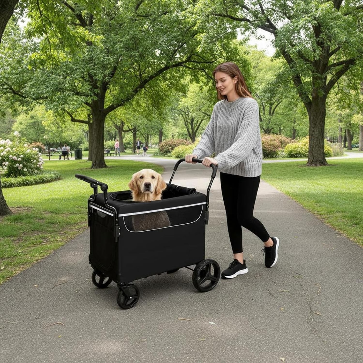 Dog Stroller Wagon Push-Pull Pet Wagon Cart with Ramp Foldable One-Step Brake
