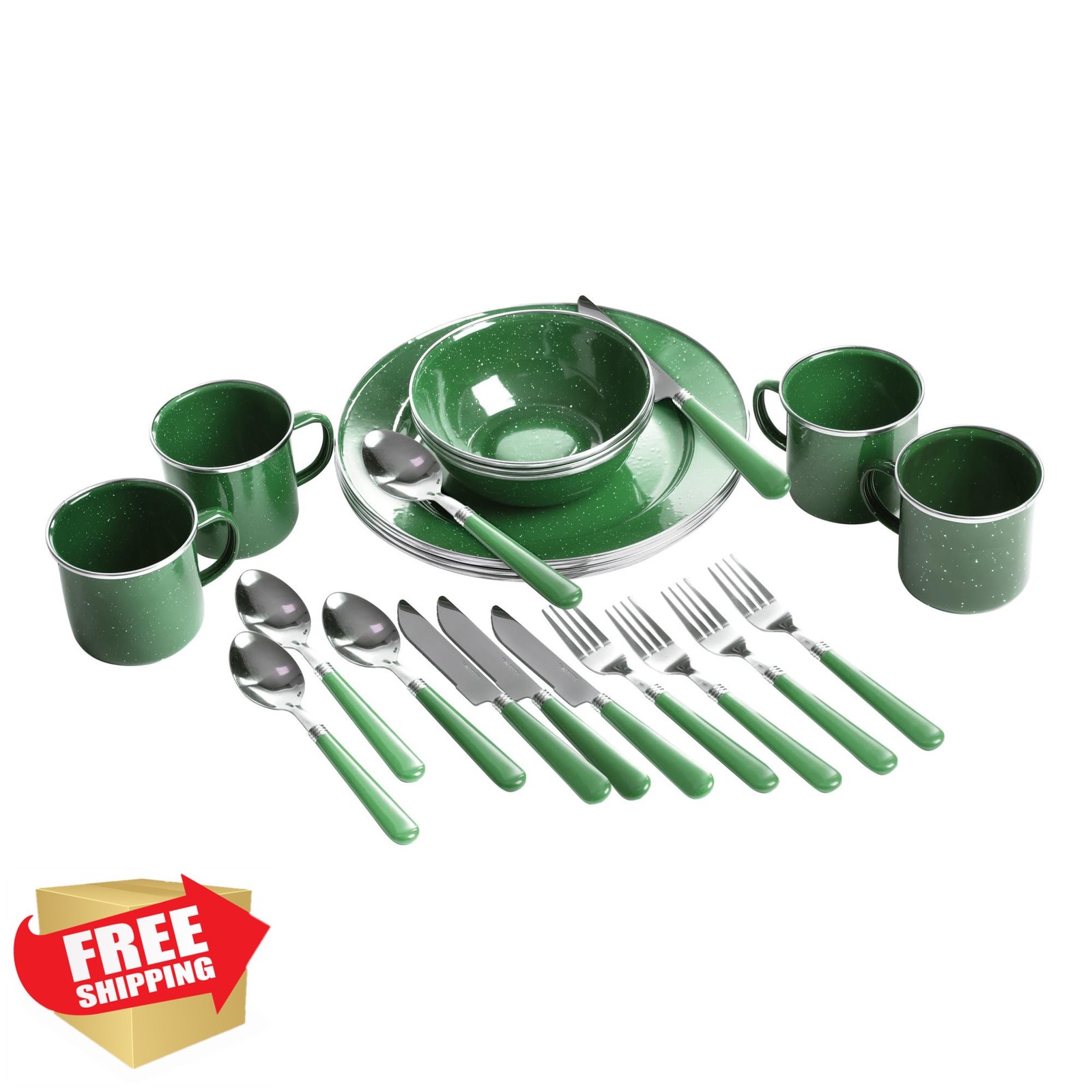 Stansport 24-Piece Enamel Tableware Set Camping Bowls Plates