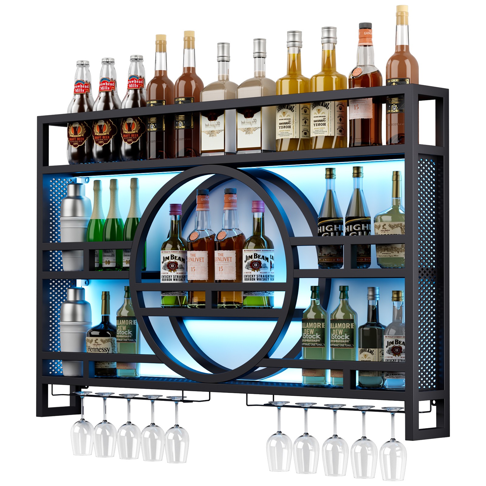Wall Mounted LED Wine Rack Metal Floating Liquor Display Shelf w/ Glass Holder
