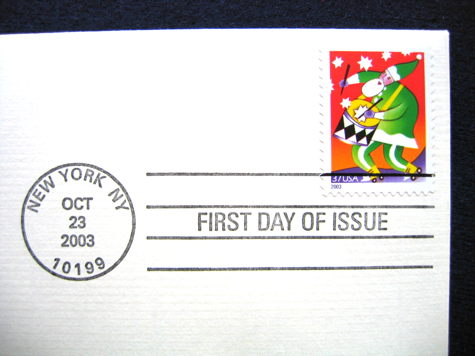 2003 Holiday Music Makers Santa With Drum Replica Gold Golden Cover Stamp