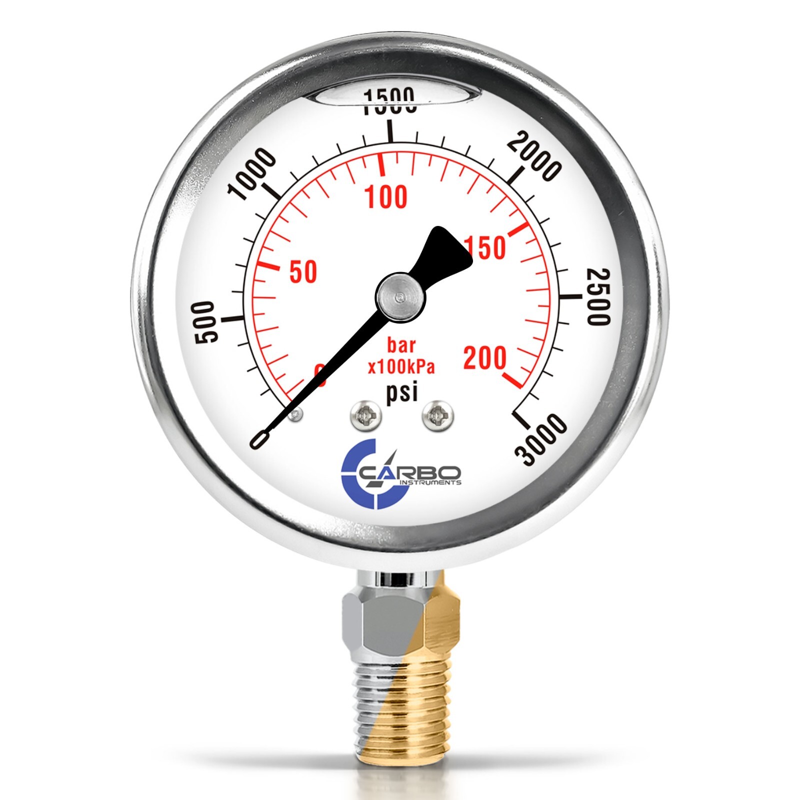 2-1/2" Pressure Gauge, Stainless Steel Case, Liquid Filled, Lower Mnt 3000 PSI