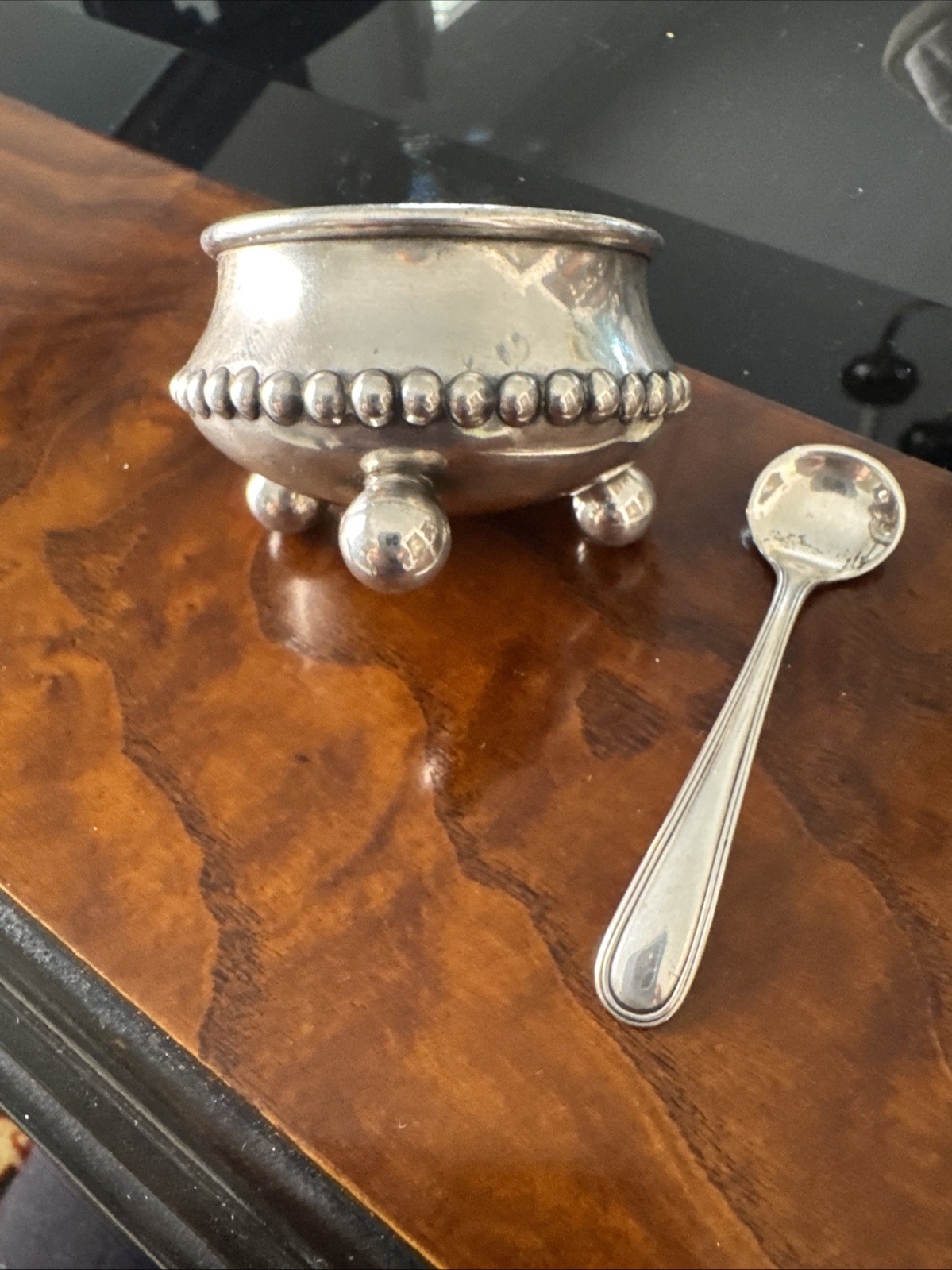 Silver Salt Cellar Beaded Rim ,Ball Footed With Sterling Salt Spoon