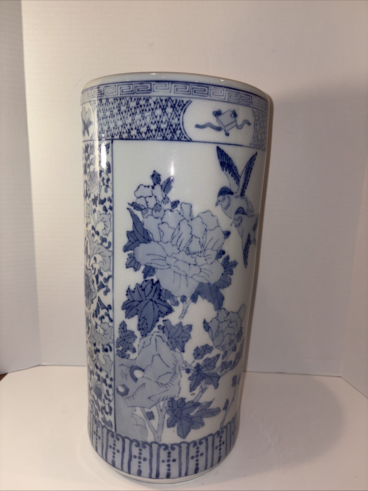 Vintage Umbrella Stand Blue and White Greek Key Chinoiserie Birds Chinese 18”