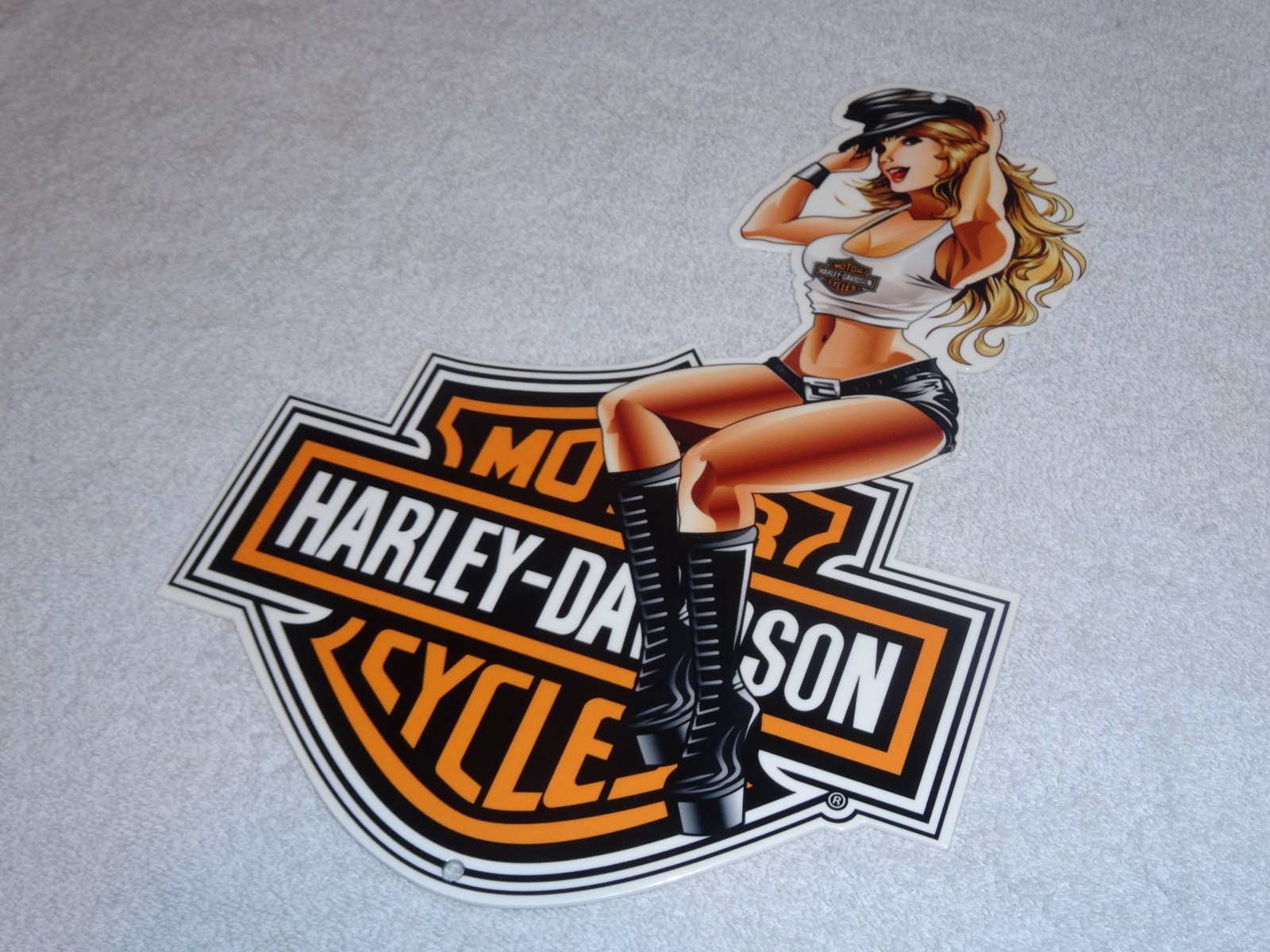 VINTAGE HARLEY DAVIDSON MOTORCYCLE WOMAN 👩 12" MOTOR CYCLE GASOLINE & OIL SIGN