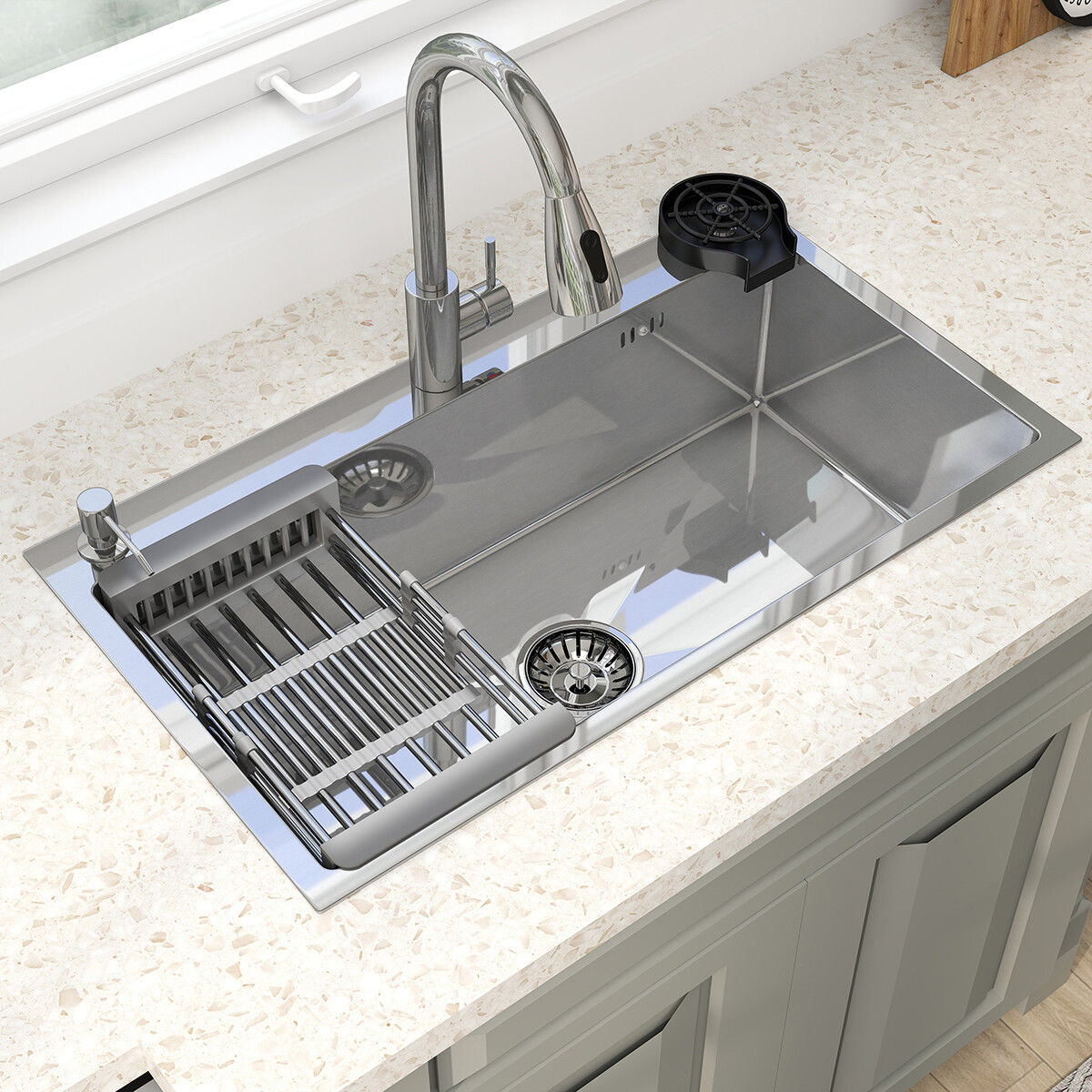 Silver Kitchen Sink Stainless Steel 28"/30"/32" Single Bowl Drop In Top Mount