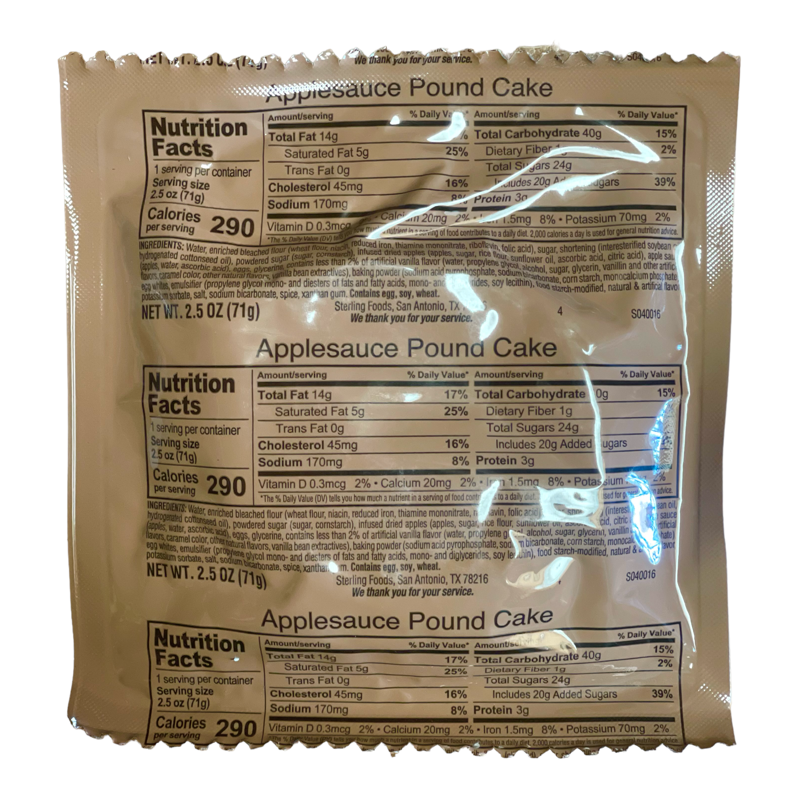 Military MRE Pound Cake Variety Pack: Vanilla, Marble, Applesauce.
