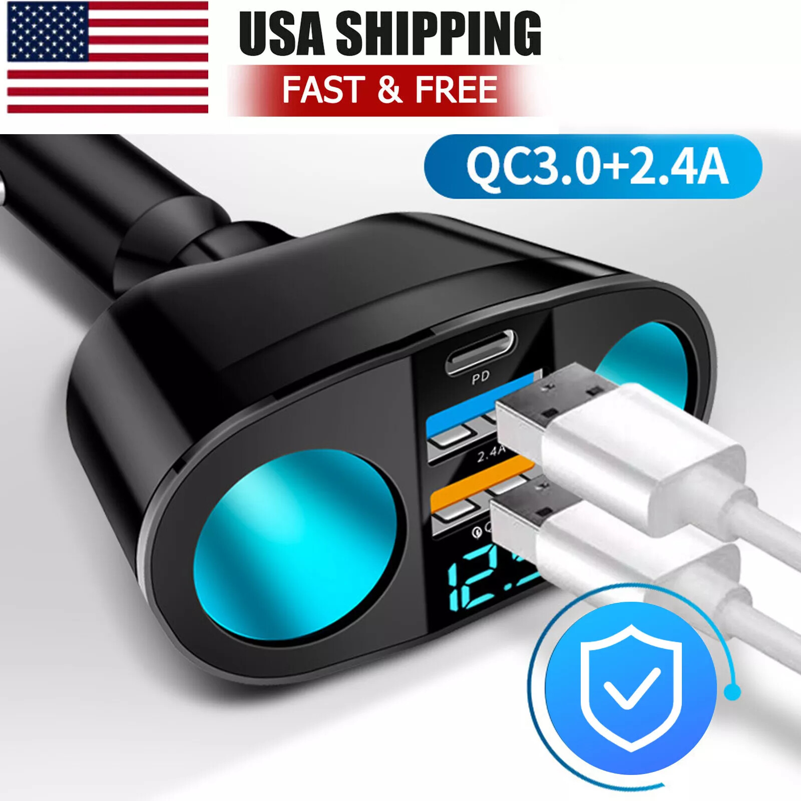 12V Dual USB Car Cigarette Lighter Socket Splitter Power Adapter Charger Outlet