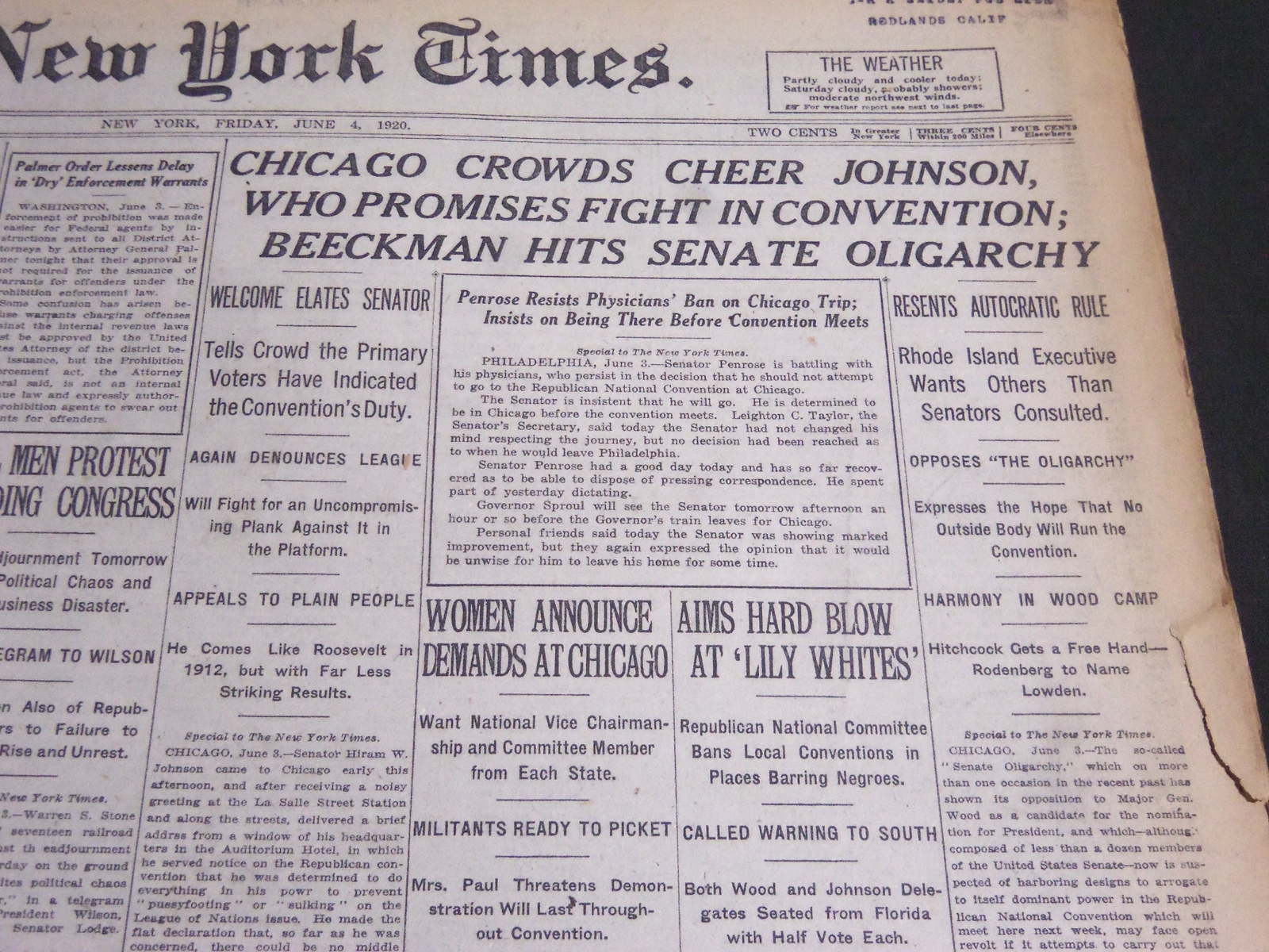1920 JUNE 4 NEW YORK TIMES - CHICAGO CROWDS CHEER JOHNSON - NT 6942