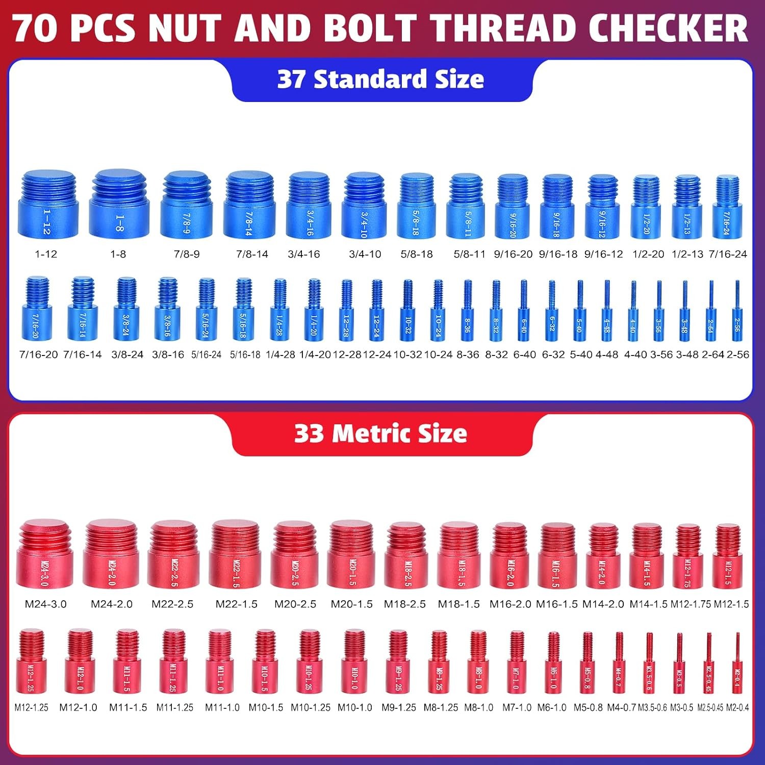 70 Pcs Nut & Bolt Thread Checker Set 37 SAE 33 Metric Gauge for Size Checking