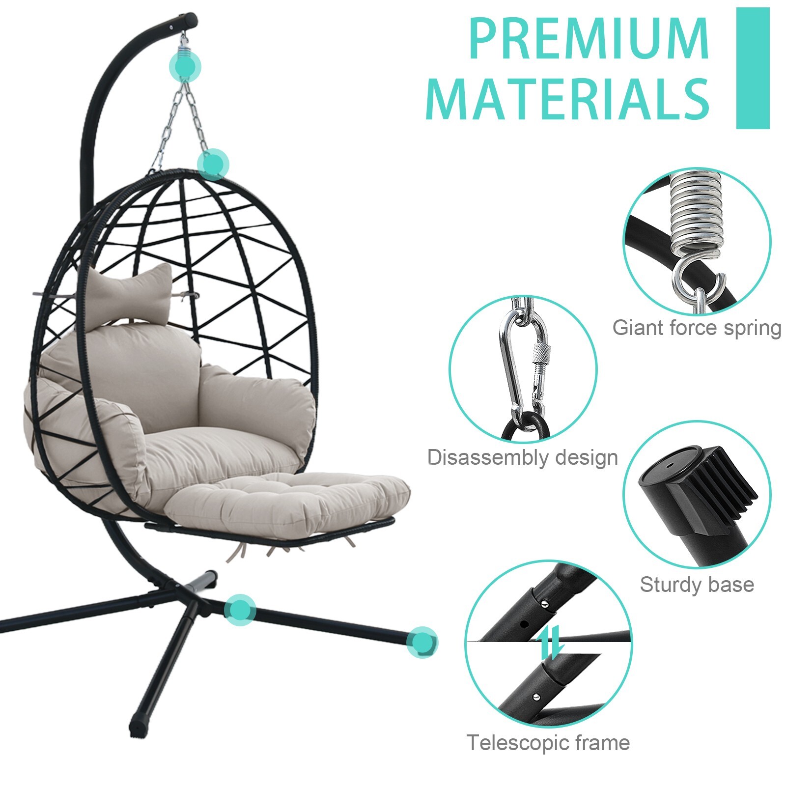 Hanging Egg Chair with Stand Leg Rest Outdoor with Gray Cushion Swinging Chair