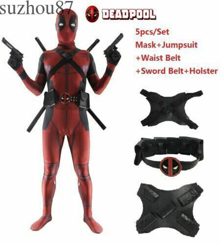 USA Kids Deadpool Halloween Cosplay Costume Jumpsuit Zentai Bodysuit Accessories