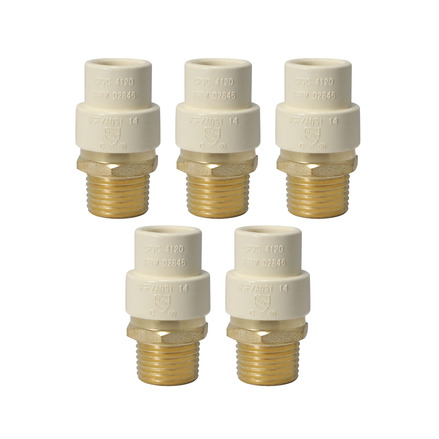 5 Pack XFITTING 1/2" Male NPT x 1/2" CPVC Adapter, Lead Free Brass, CPVC Male