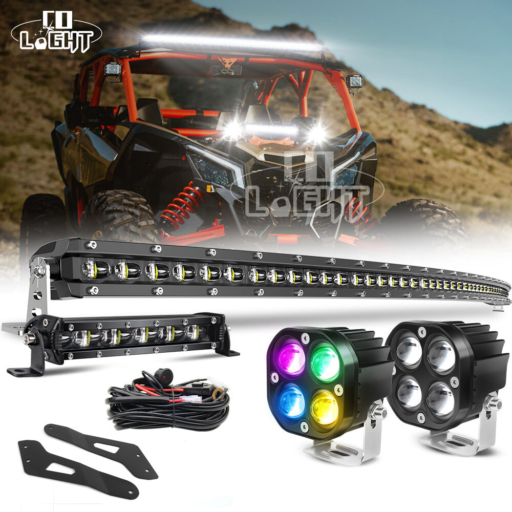 For Can-Am Maverick X3 Roof 50" Curved LED Light Bar Bracket+7"+4" Pods Wire Kit