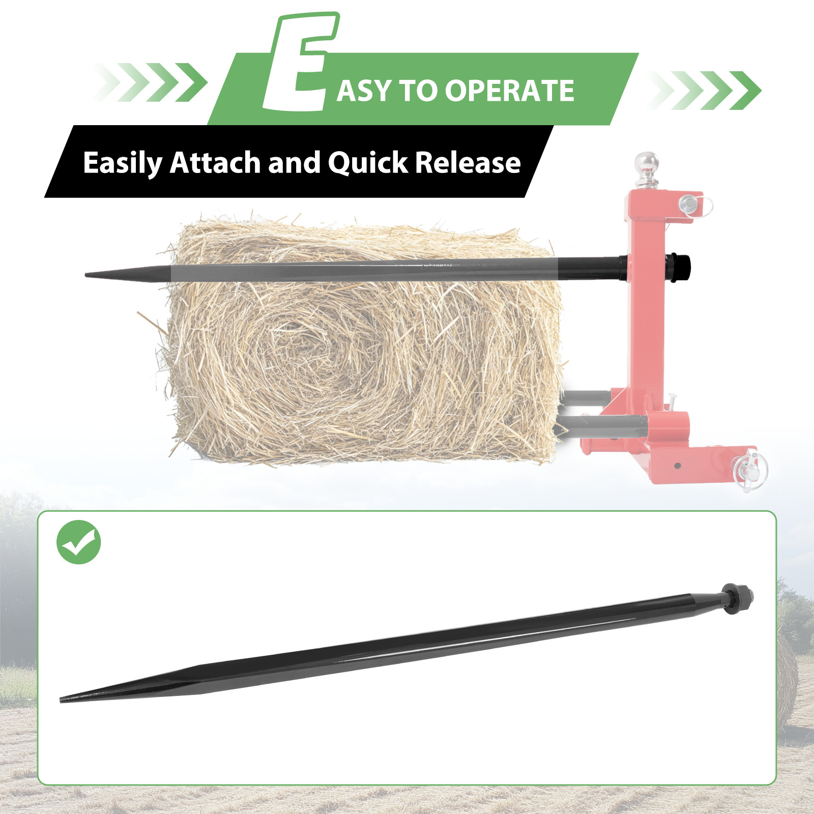 49in Red/Black Hay Bale Spear Quick Attach for Tractors, New