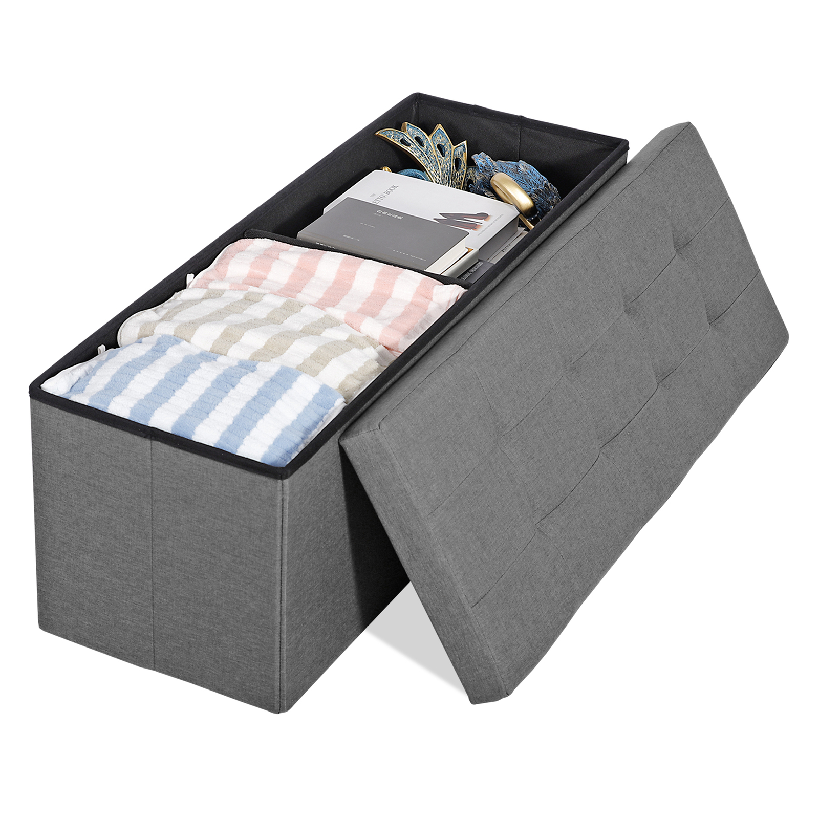 43" Folding Fabric Ottoman Storage Bench Toy Chest Box Footrest Stool Light Grey