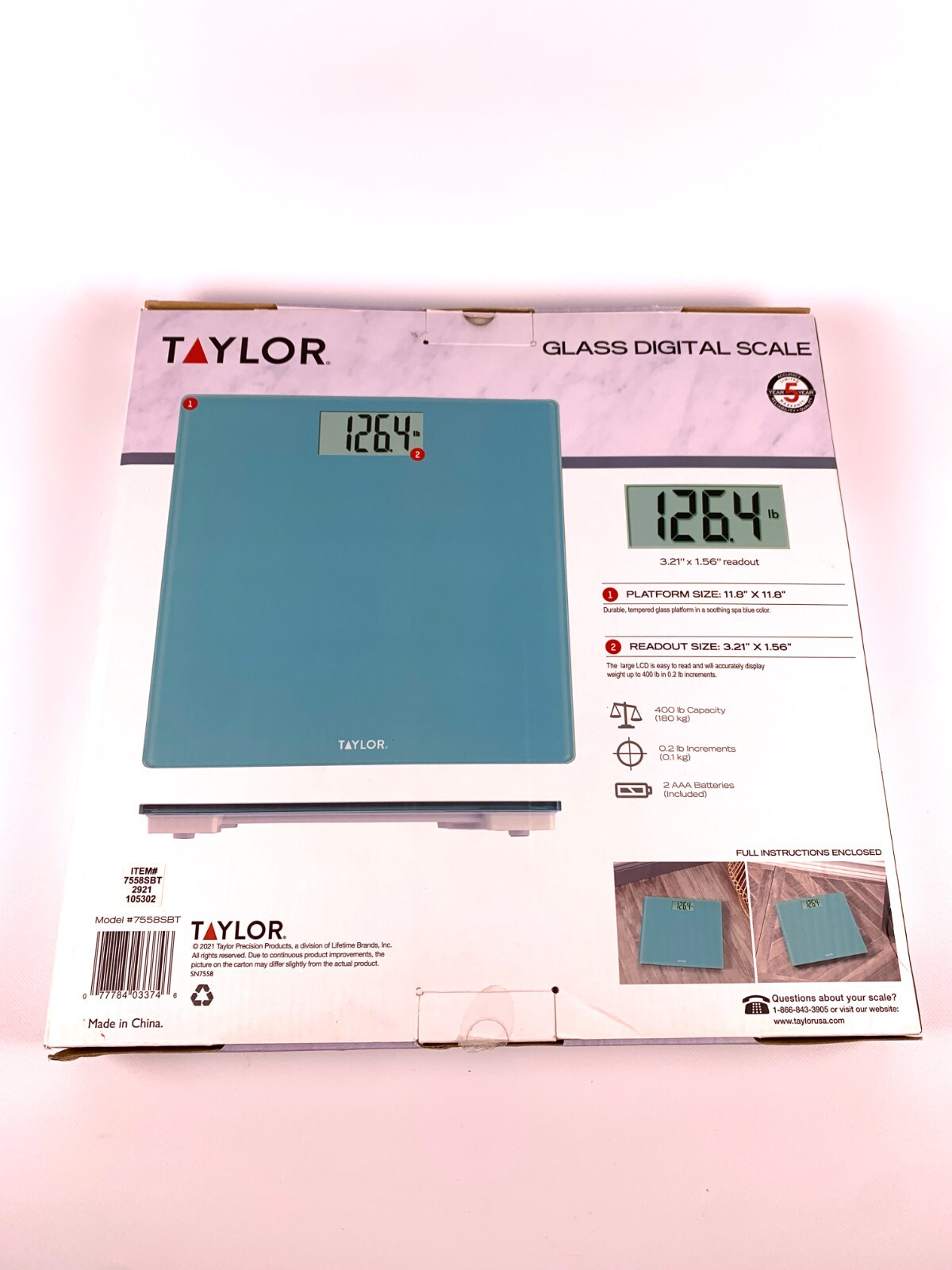 Taylor Body Scale Digital Glass Platform 400 lb Capacity 7558 Turquoise