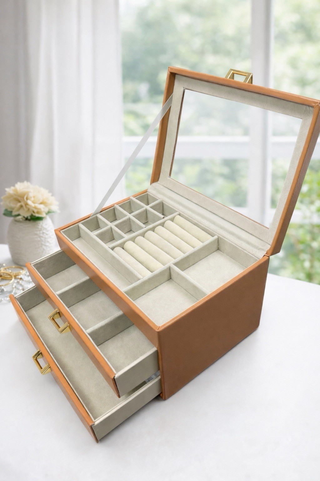 Leather Jewelry Box Organizer with Glass Lid, 3 Drawer Jewelry Storage Case
