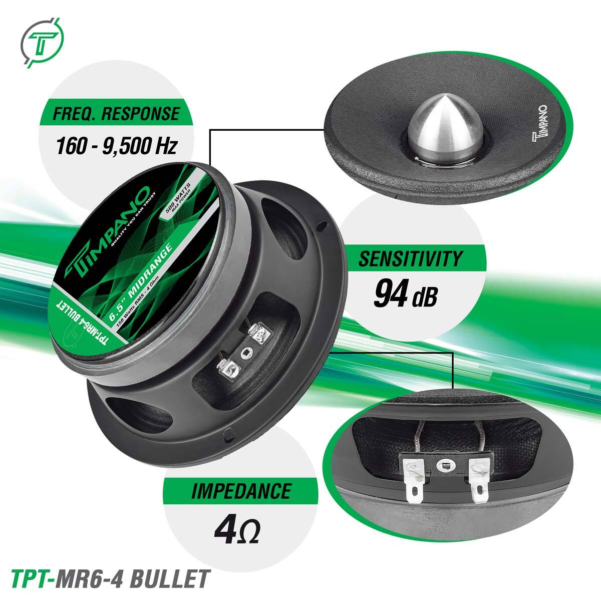(2) 6.5" MIDRANGE TIMPANO 500W TPT-MR6-4 BULLET 4 OHM CAR PRO AUDIO SPEAKER PAIR