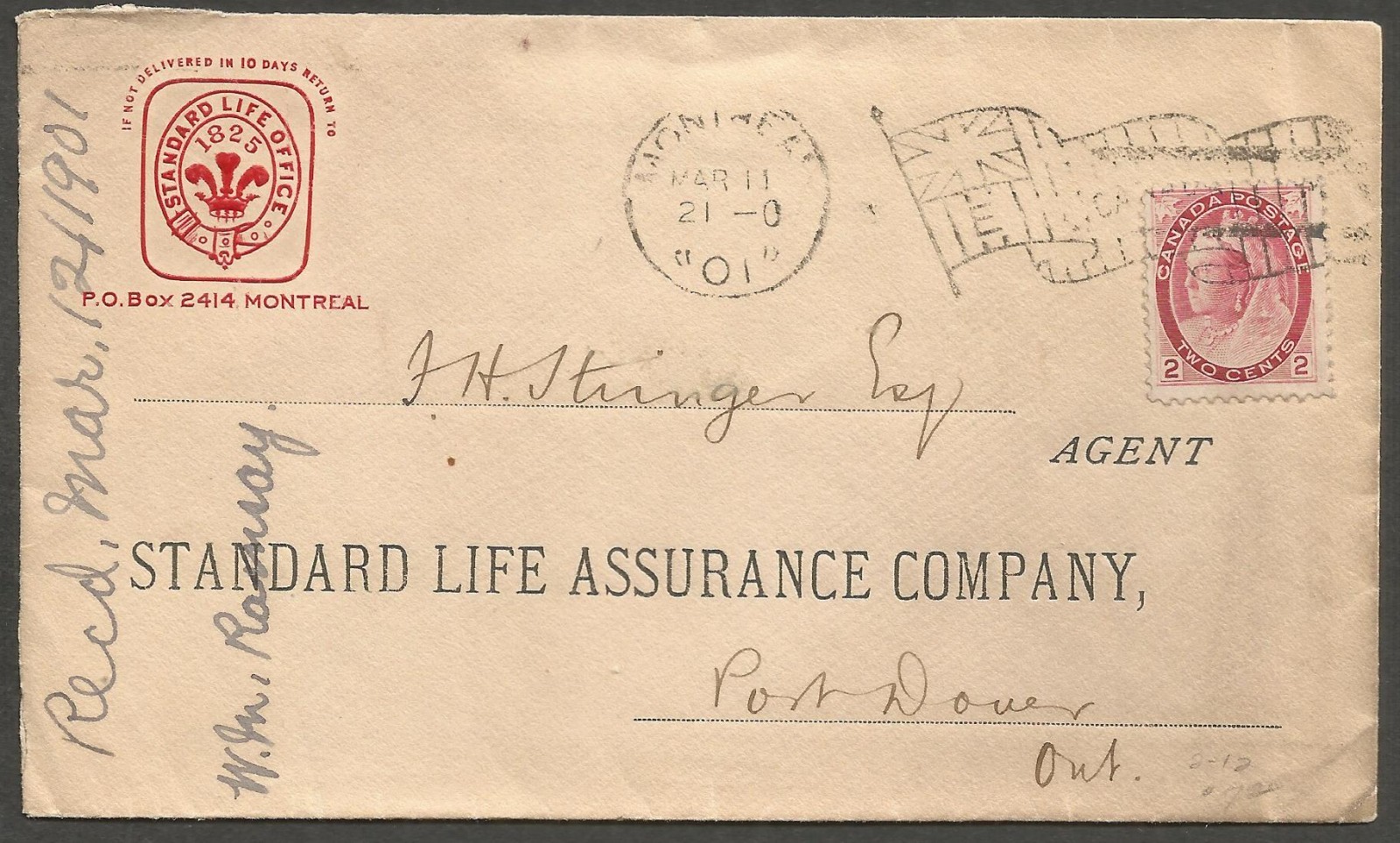 1901 Standard Life Advertising Cover 2d Numeral Flag E Montreal PQ