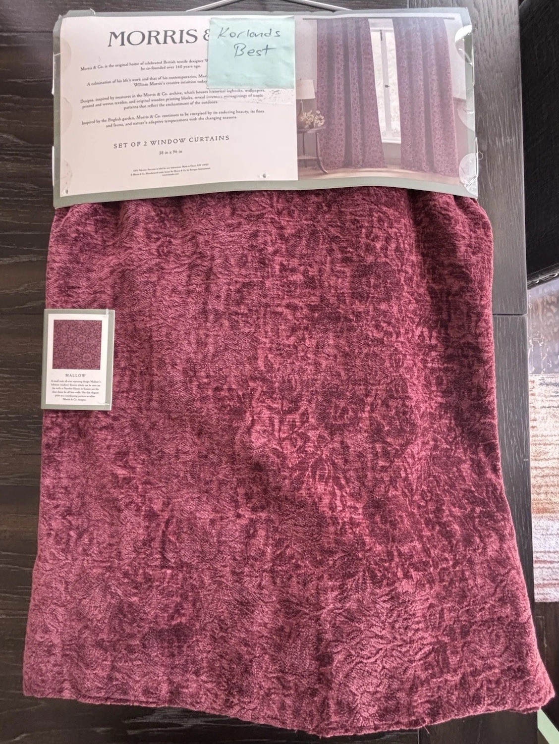 Morris & Co Mallow Burgundy Velvet Floral Back Tap Window Curtain 96” 2 Panels